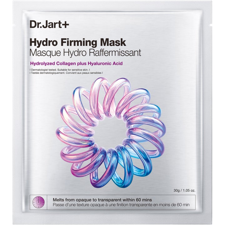 Dr. Jart+ Hydro Firming Mask 30g uppstramande sheetmask med kollagen i silverfärgad förpackning med lila spiralmotiv