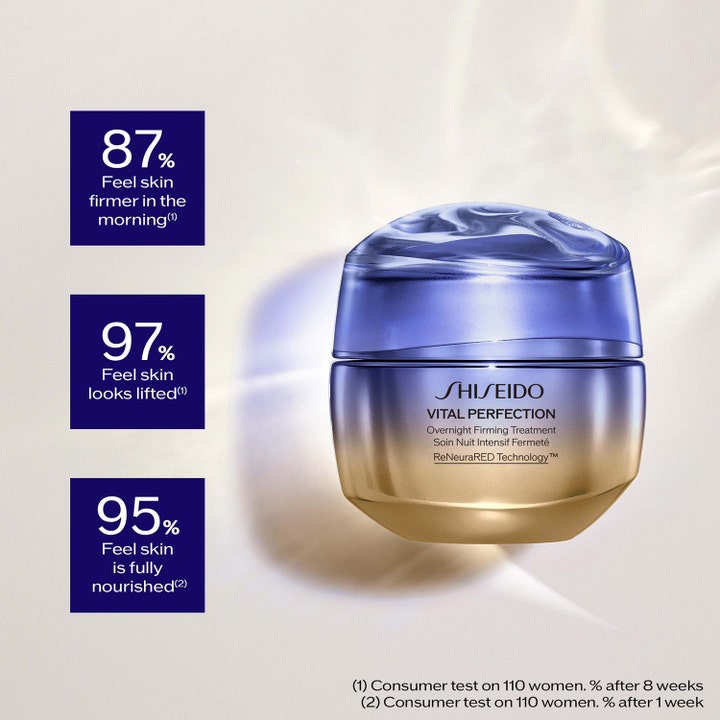 Shiseido Vital Perfection Advanced Overnight Treatment 50 ml nattkräm i blå och guldglasburk som ger fasthet och lyft.