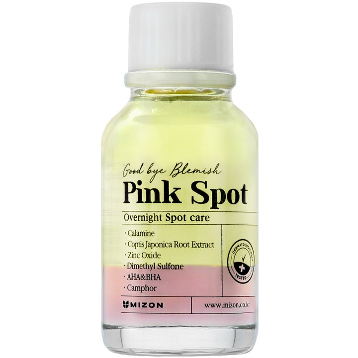 Mizon Good Bye Blemish Pink Spot 19 ml blemishkräm och spotbehandling över natten i glasflaska med gul och rosa vätska