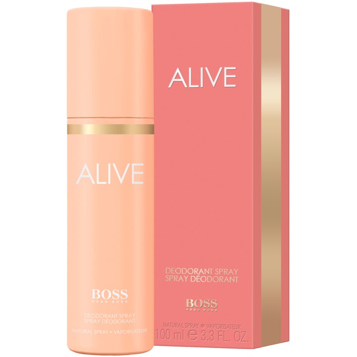 Hugo Boss Alive deo spray 100 ml väldoftande damdeodorant i persikofärgad flaska och rosa box med gulddetaljer
