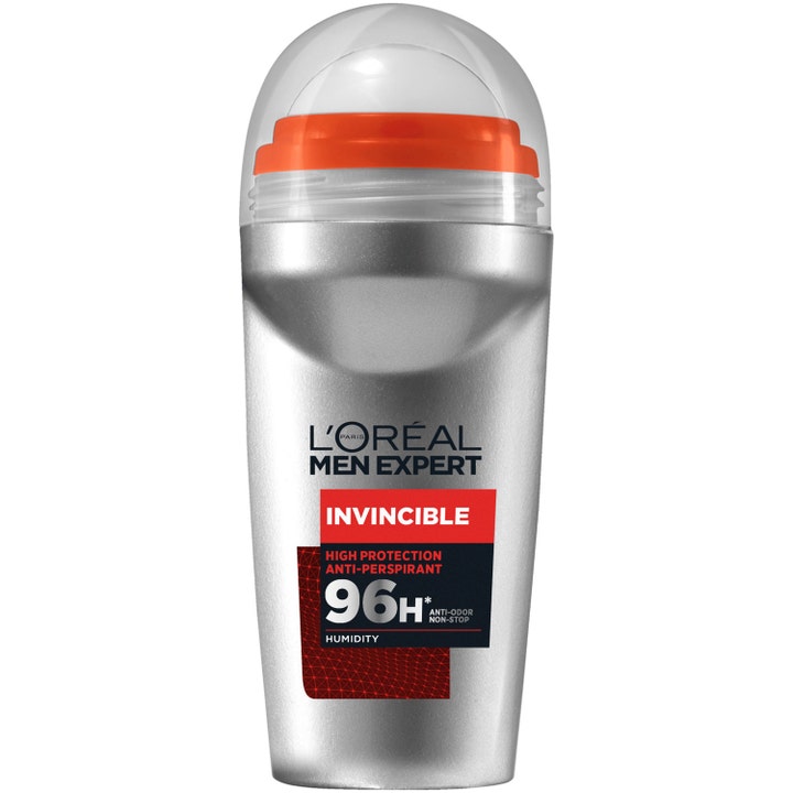 L'Oréal Men Expert Invincible 50ml antiperspirant mot svett i silverfärgad flaska med orange kula och genomskinligt lock.