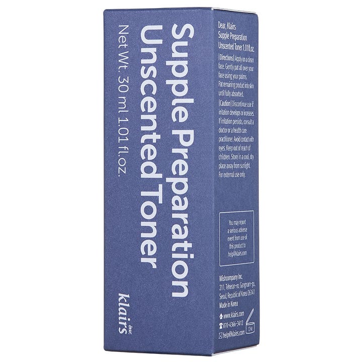 Klairs Supple Preparation Unscented Toner 30 ml återfuktande toner i blå pappkartong med tydlig vit text