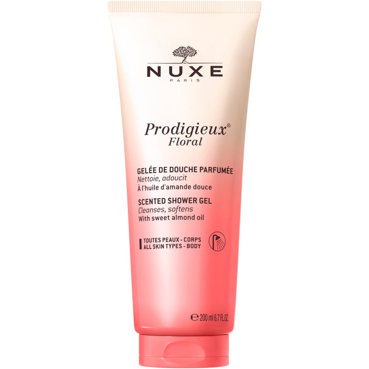 Nuxe Prodigieux Floral 200 ml blommig återfuktande duschtvål i en mjuk tub med rosa och vit färgtoning.