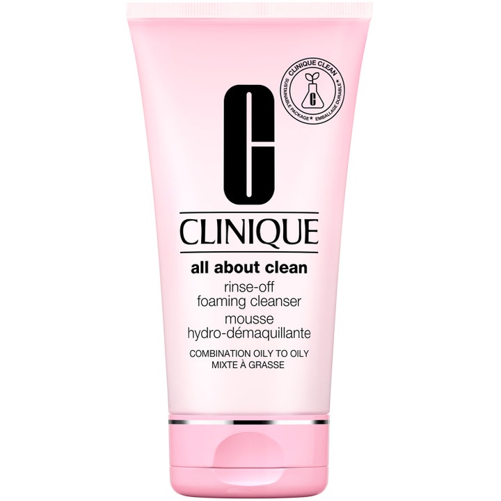 Clinique All About Clean Rinse-Off Foaming Cleanser 150 ml rengöringsmousse i ljusrosa tub med silvrig detalj