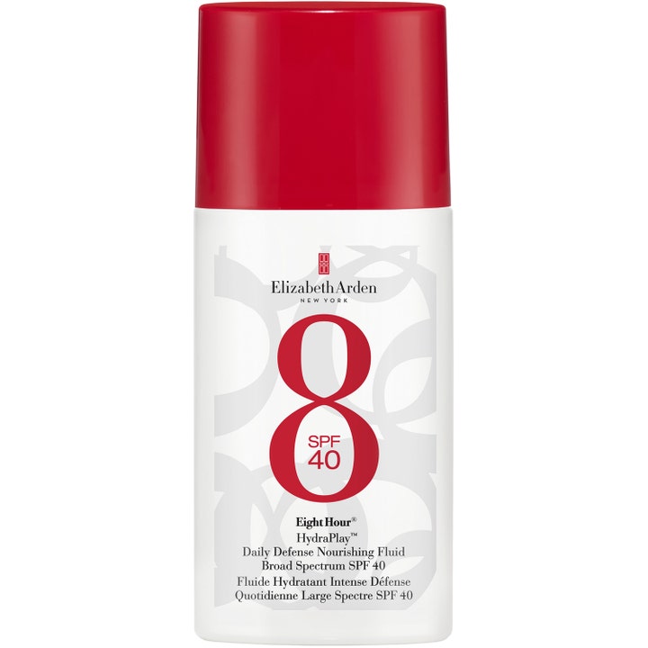 Elizabeth Arden Eight Hour HydraPlay Daily Defense Nourishing Fluid spf40 ger daglig solskydd ansikte i vit flaska med röd kork