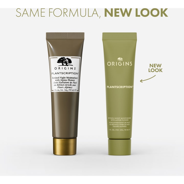 Origins Plantscription Retinol Night Moisturizer 30 ml retinol nattkräm i en ny grön tub intill den gamla bruna designen.