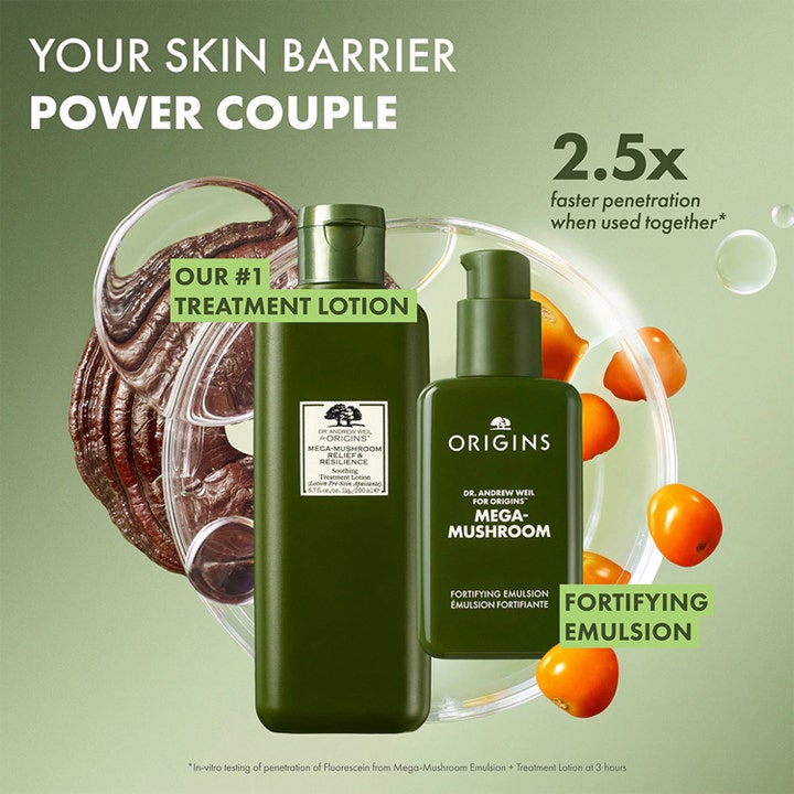 Origins Mega-Mushroom Soothing Treatment Lotion 200 ml lugnande lotion i mörkgrön flaska med en emulsion
