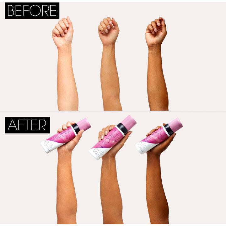 St.Tropez Self Tan Berry Sorbet Bronzing Mousse 200 ml brun utan sol mousse visar före och efter på tre olika hudtoner.