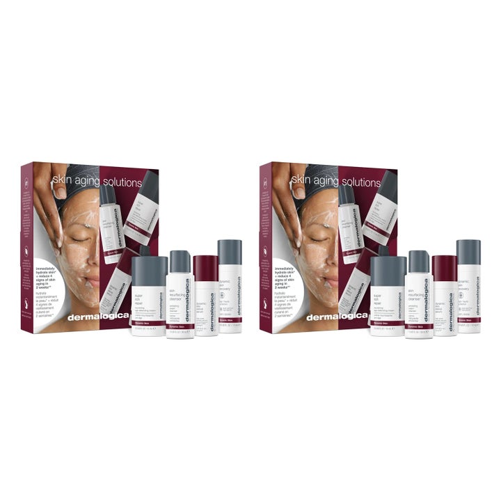 Dermalogica Skin Aging Solutions hudvårdskit motverkar ålderstecken med fem produkter i vita och grå tuber.