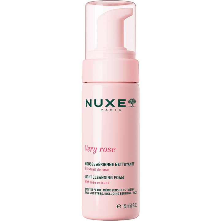 Nuxe Very Rose Light Cleansing Foam 150 ml fuktgivande ansiktsrengöring med rosenextrakt i rosa pumpflaska.