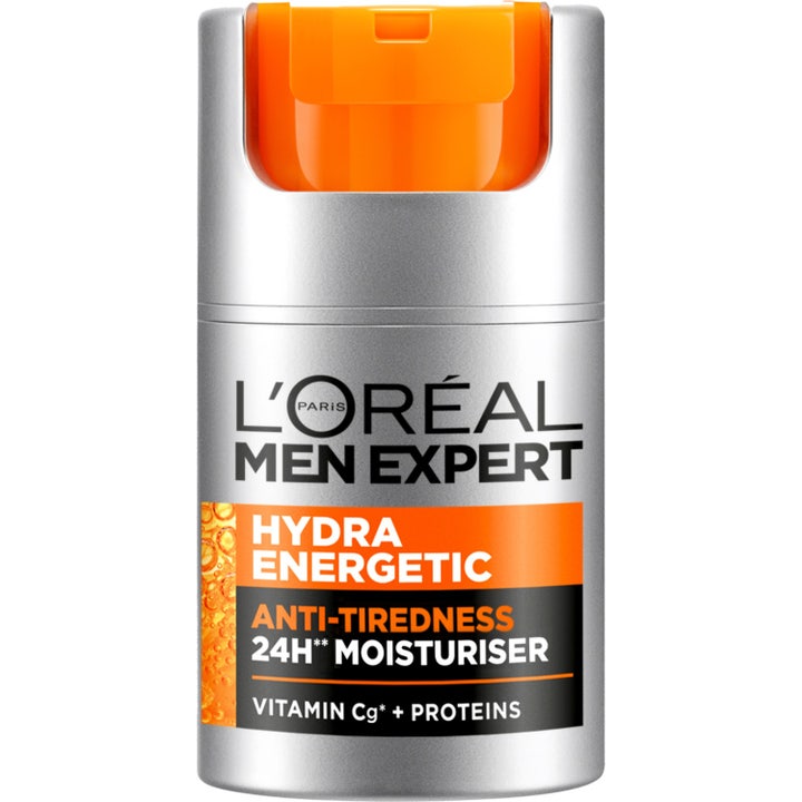 L'Oréal Men Expert Hydra Energetic 50ml energi 24h fuktkräm i silverfärgad pumpflaska med orange tryckknapp.