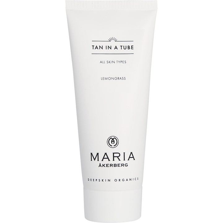 Maria Åkerberg Tan In A Tube brun utan sol bäst i test ger ekologisk solkysst hud i en vit tub med svart text.