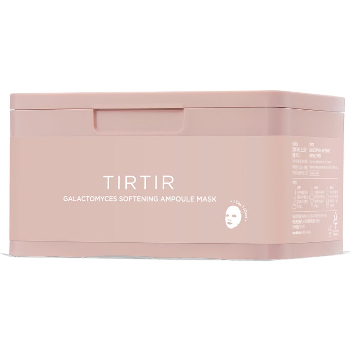 TIRTIR Galactomyces Ampoule Mask 350 g återfuktande ansiktsmask ampoule i en dammrosa rektangulär box med lock