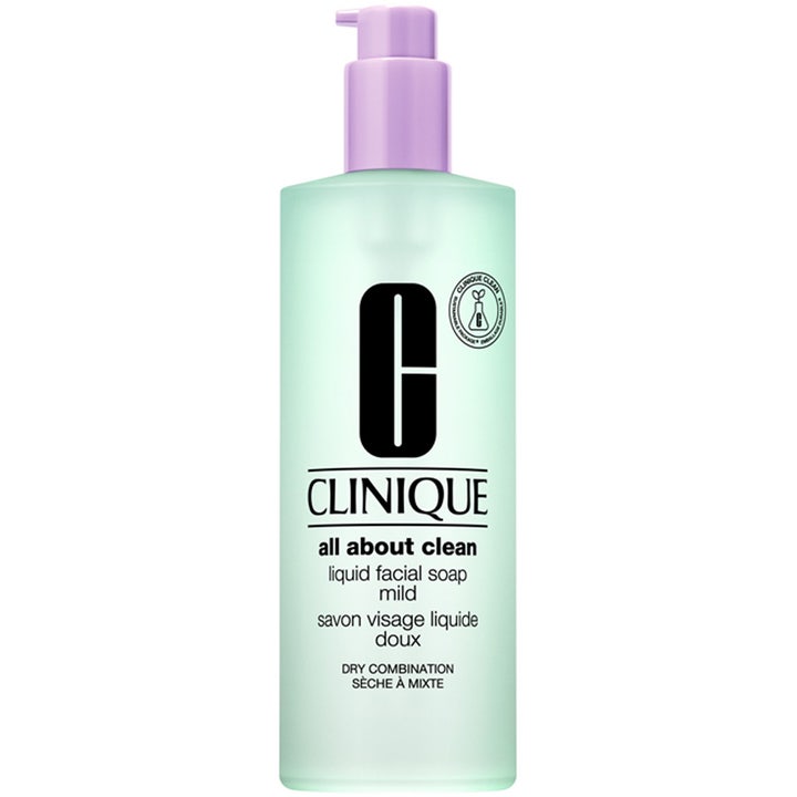 Clinique All About Clean Liquid Facial Soap Mild ansiktsrengöring som ger ren hy i ljusgrön flaska med lila pump