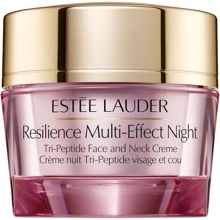 Estée Lauder Resilience Multi-Effect Night anti-rynk nattkräm med peptider för ansikte i en rosa glasburk med guldlock.