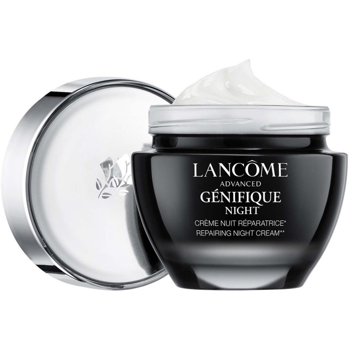 Lancôme Advanced Génifique Night reparerande återfuktande nattkräm i svart glasburk visar fyllig vit kräm och silverlock.