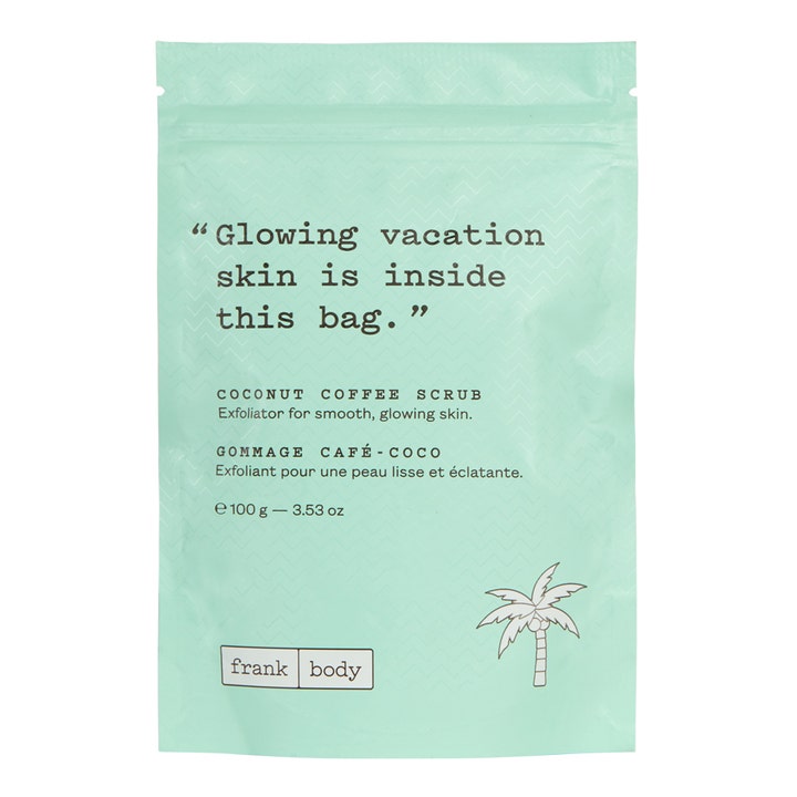 Frank Body Coconut Coffee Scrub 100g exfolierande kroppsskrubb för glödande hud i en ljusgrön påse med palmillustration.