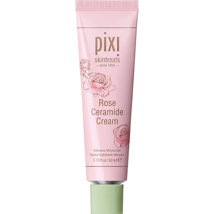 Pixi Rose Ceramide Cream 50 ml återfuktande roskräm i en ljusrosa tub med blomillustrationer och ljusgrönt lock.