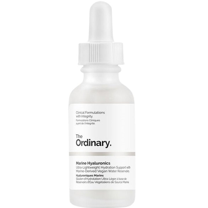 The Ordinary Marine Hyaluronics 30 ml hyaluronsyra serum dropper i frostad glasflaska ger fuktboost till ansiktet