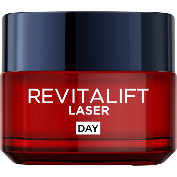 L'Oréal Paris Revitalift Laser Day 50 ml anti age dagkräm i röd glasburk med mörkblått lock för huduppstramning