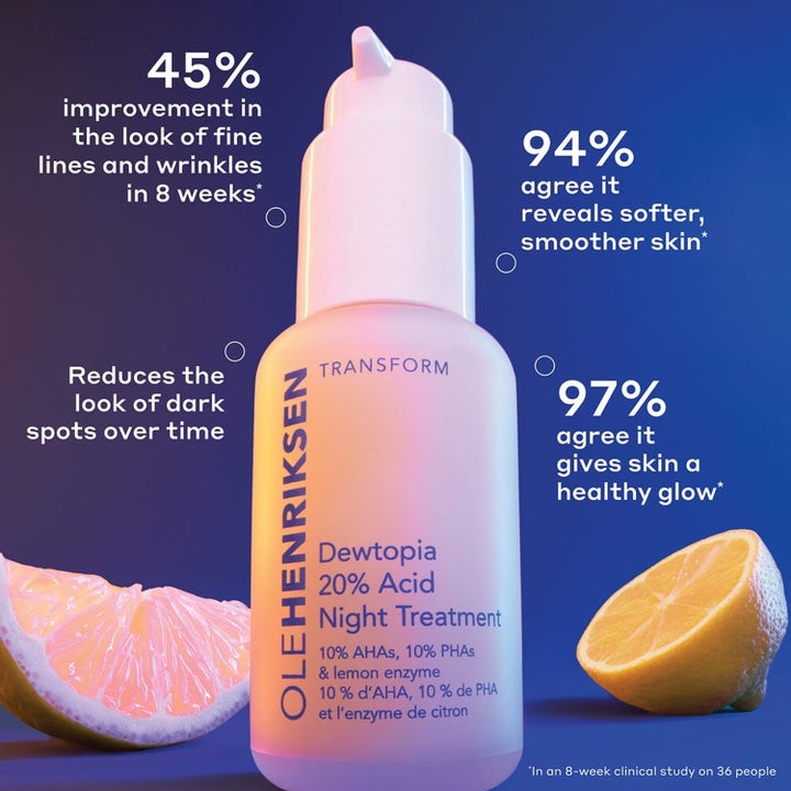 Ole Henriksen Dewtopia 20% Acid Night Treatment 105 ml lystergivande serum i frostat glasflaska med citrusfrukter.