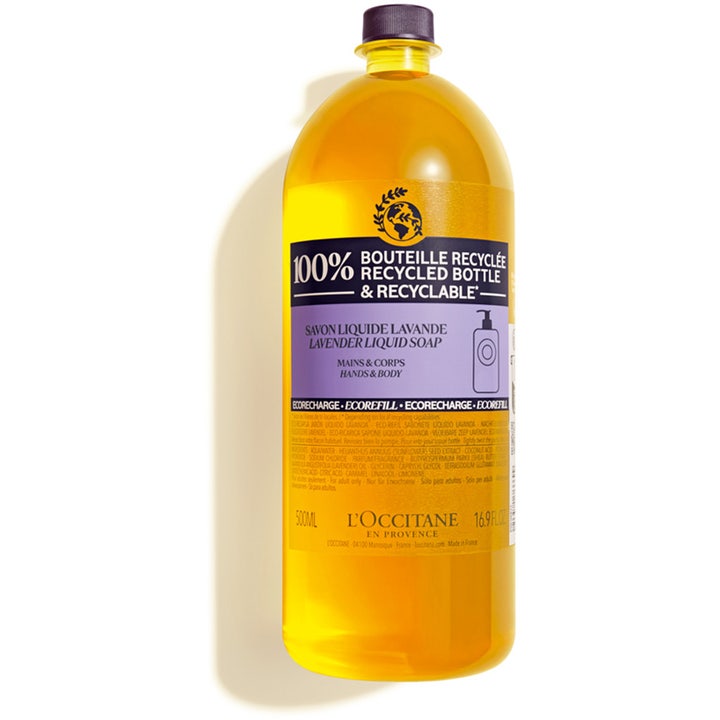 L'Occitane Lavender Liquid Soap 500ml handtvål refill med fransk lavendel tvål i en gul flaska med lila etikett