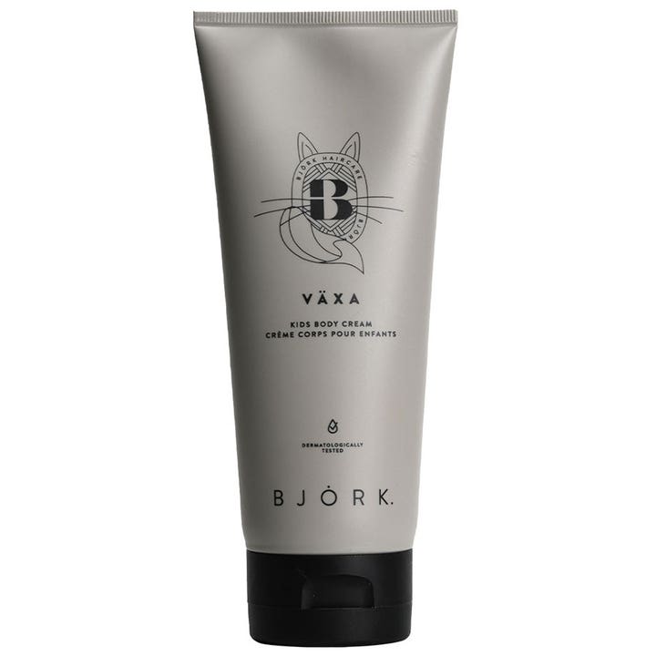 Björk Växa Kids Body Cream 200 ml skonsam barnkräm i grå tub med kattillustration och svart lock