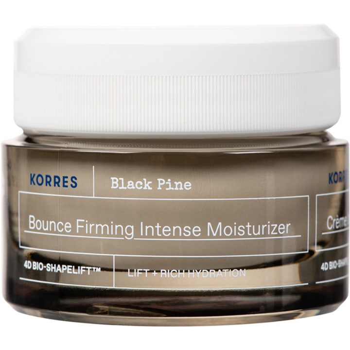 Korres Black Pine Bounce Firming Intense Moisturizer 4d fuktkräm ansikte i mörk glasburk som skapar lyft och fasthet
