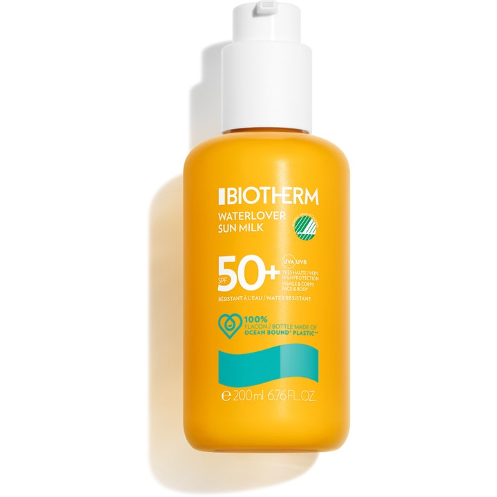 Biotherm Waterlover solkräm 200 ml vattenfast solskydd i gul plastflaska med vit pump som ger högt skydd.