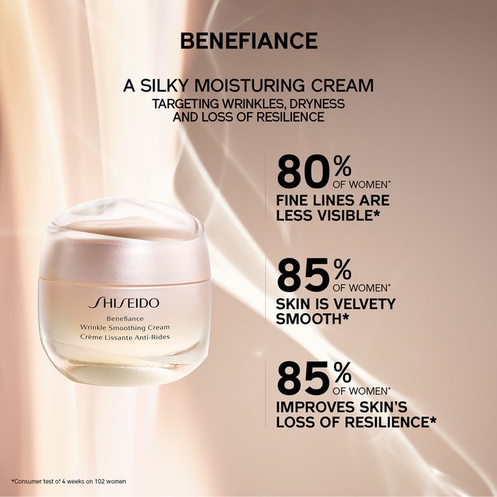 Shiseido Benefiance Wrinkle Smoothing Cream 50 ml rynkreducerande dagkräm i lyxig glasburk med produktinfo