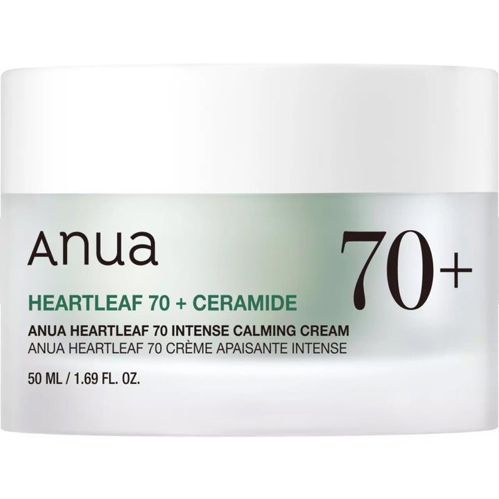 Anua Heartleaf 70 Intense Calming Cream 50 ml lugnande ansiktskräm med ceramider i vit burk med grön text