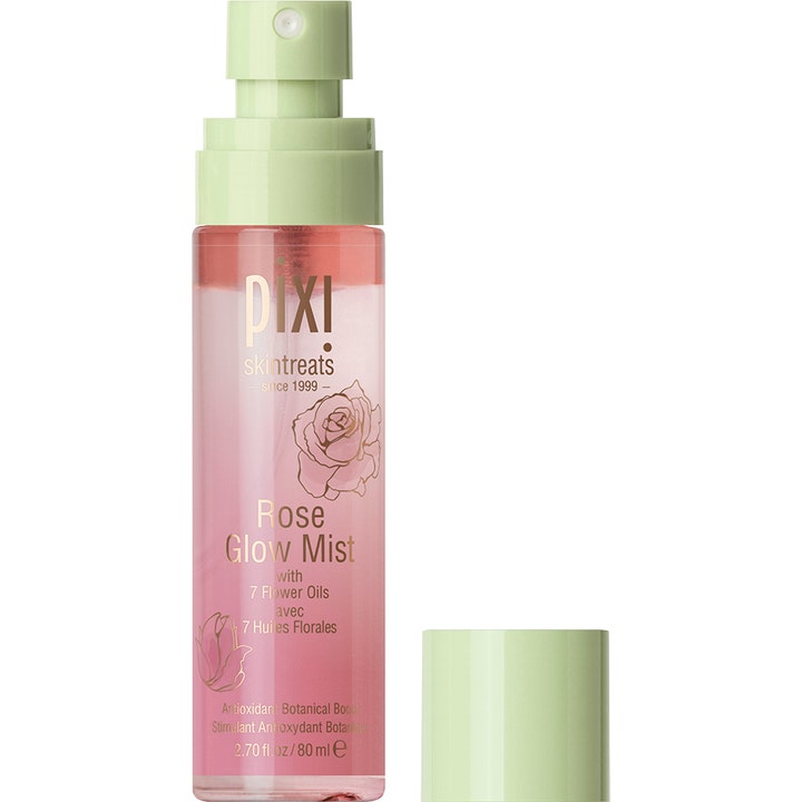 Pixi Rose Glow Mist 80 ml lystergivande rosmist i transparent flaska med rosa tvåfasvätska och grönt spraymunstycke