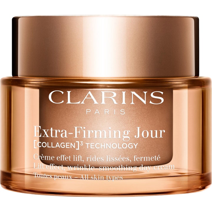 Clarins Extra-Firming Jour 50ml anti-aging dagkräm ger omedelbar lyfteffekt i en skimrande roséguldfärgad glasburk.