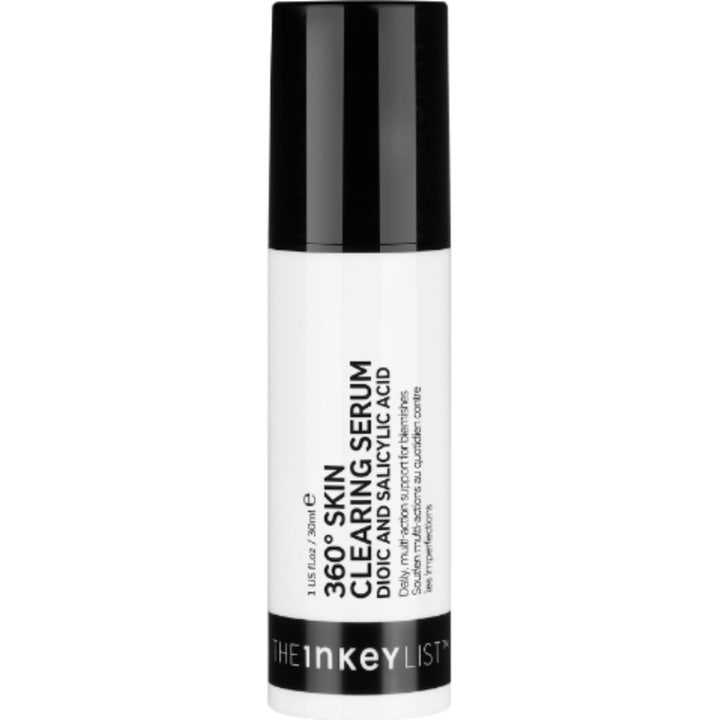 The Inkey List 360 Skin Clearing Serum 30ml mot blemmor i vit plastflaska med svart lock och pump.
