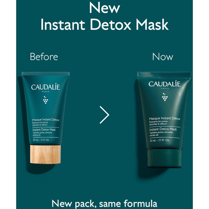 Caudalie Instant Detox Mask 35 ml djuprengörande ansiktsmask i jämförelse mellan gammal och ny grön tub.