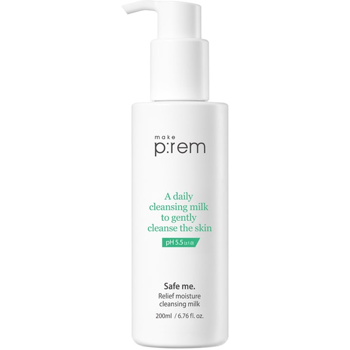 Make p:rem Safe me Relief Moisture Cleansing Milk 200 ml lugnande rengöringsmjölk i vit pumpflaska