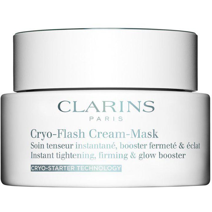 Clarins Cryo-Flash Cream-Mask 75 ml uppstramande ansiktsbehandling i en stilren frostad vit glasburk med silverlock.