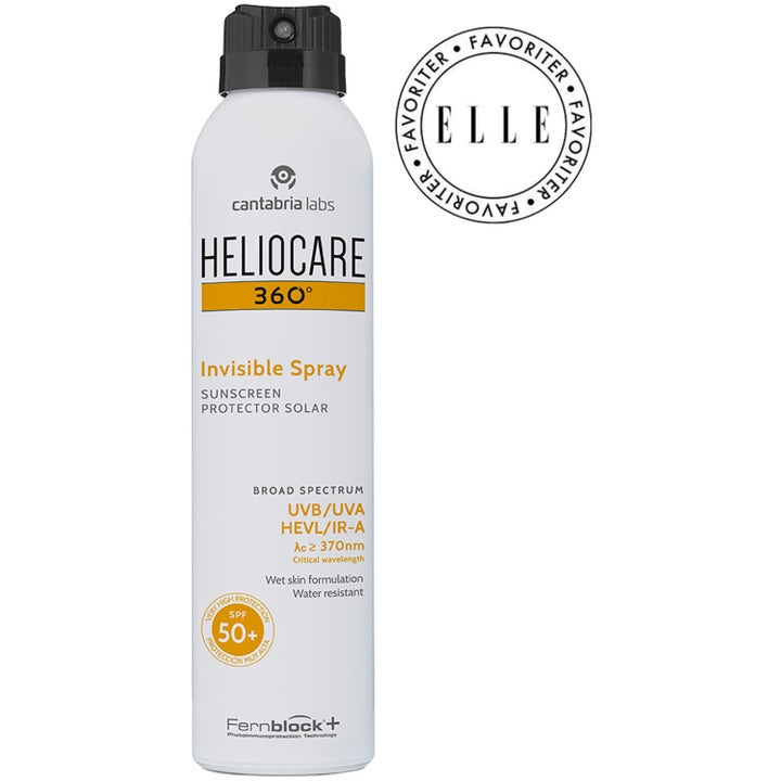 Heliocare Invisible Spray SPF 50+ 200 ml solspray ger bredspektrum uv-skydd i en vit flaska med svart sprayhuvud.