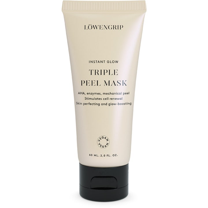 Löwengrip Instant Glow Triple Peel Mask 60 ml aha ansiktsmask för cellförnyelse i en beige tub med svart lock.