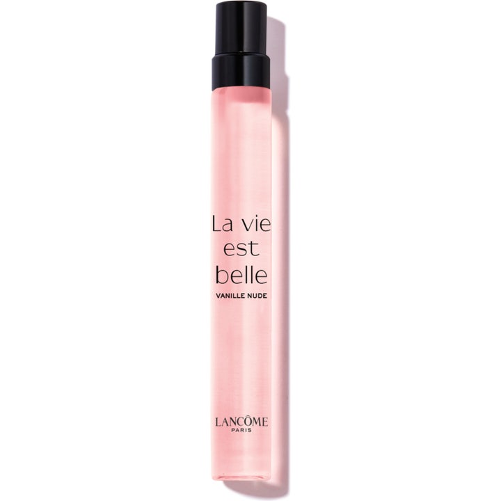 Lancôme La Vie Est Belle Vanille Nude 10 ml edp väldoftande parfym i en smal glasflaska med rosa vätska och svart lock