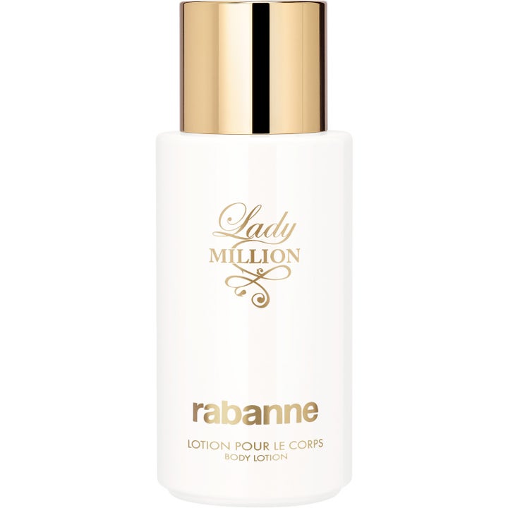 Rabanne Lady Million doftande återfuktande bodylotion i en vit flaska med lyxigt guldfärgat lock och text