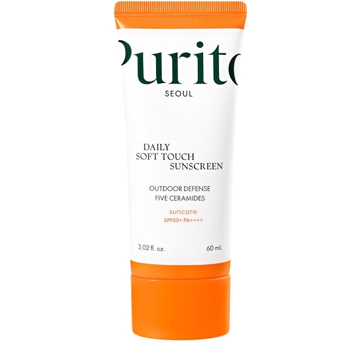 Purito Daily Soft Touch Sunscreen 60 ml med ceramider för hudbarriär i en vit tub med orange lock.