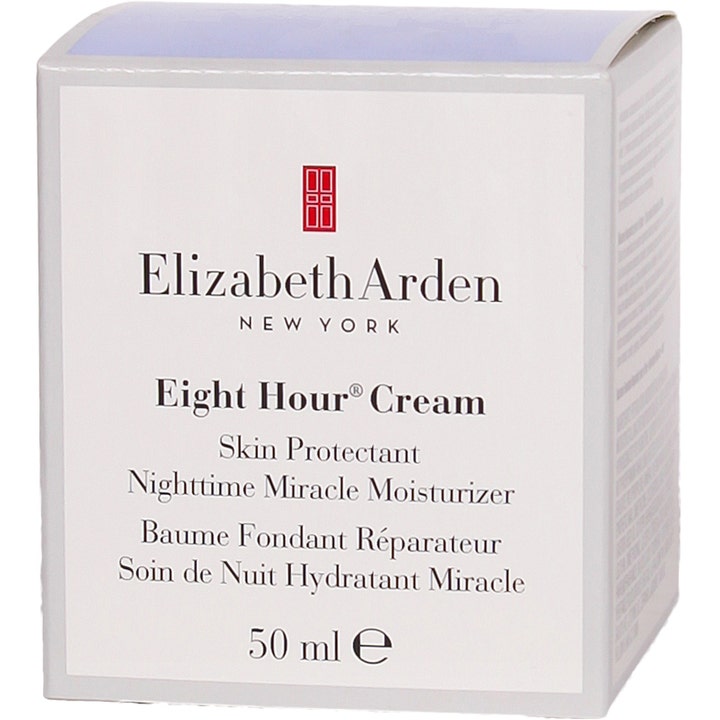 Elizabeth Arden Eight Hour Cream 50 ml återfuktande nattkräm i en vit och grå ytterförpackning av papp.