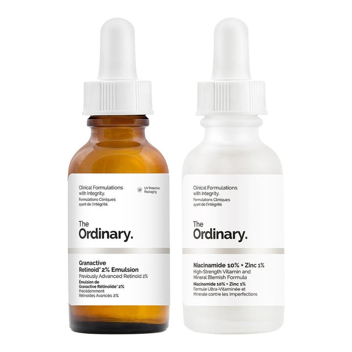 The Ordinary Retinoid och niacinamide zink serum mot orenheter i bärnstensfärgad och frostad glasflaska med vit pipett.