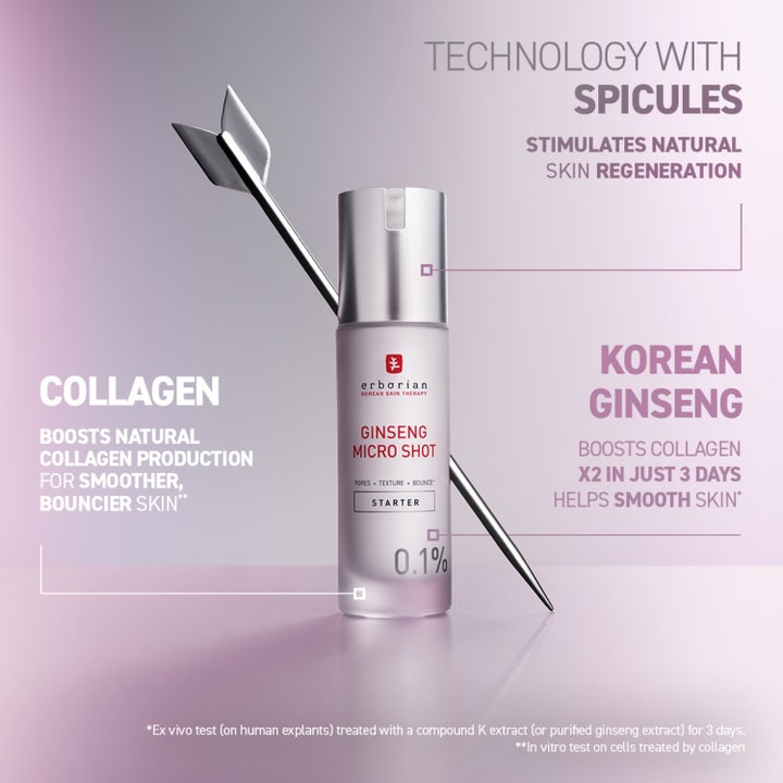 Erborian Ginseng Micro Shot 30 ml serum för fasthet med collagen och spicules visas bredvid en pil på lila bakgrund
