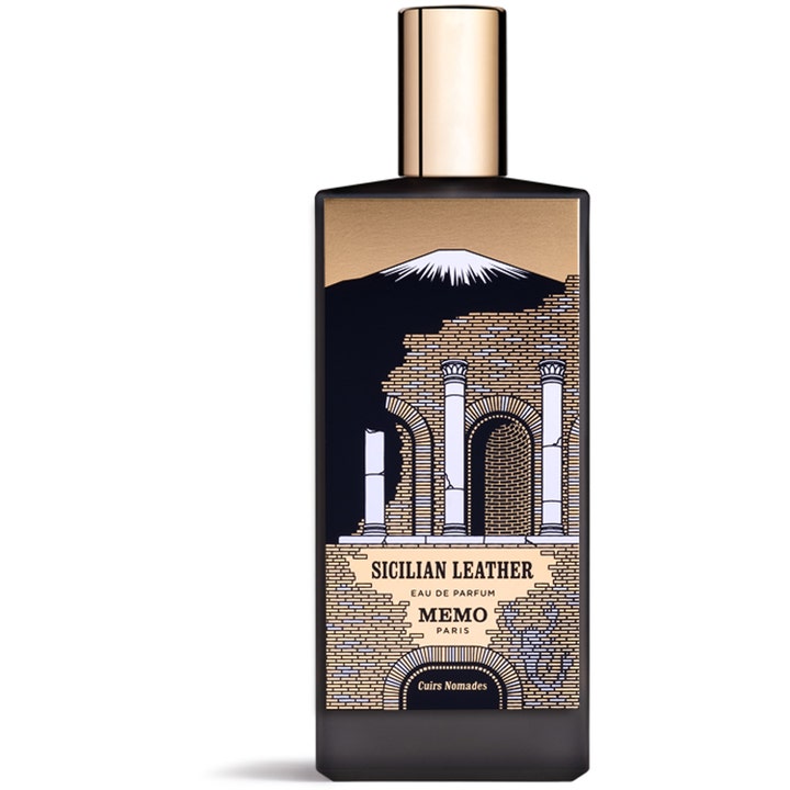 Memo Paris Sicilian Leather Eau de Parfum 75 ml läderparfym niche i svart flaska med guldkork och motiv av antika ruiner