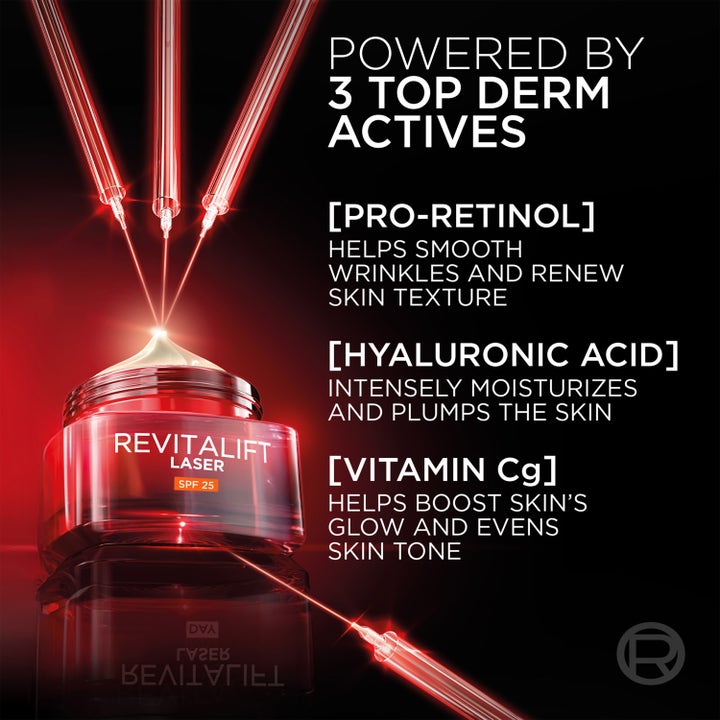 L'Oréal Paris Revitalift Laser 50 ml dagkräm med Pro-retinol och hyaluronsyra i röd glasburk som slätar ut rynkor