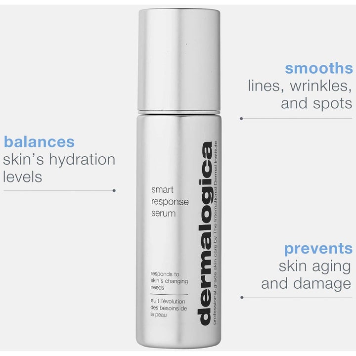 Dermalogica Smart Response Serum Duo återfuktande serum i silverfärgad pumpflaska som slätar ut linjer och fläckar.
