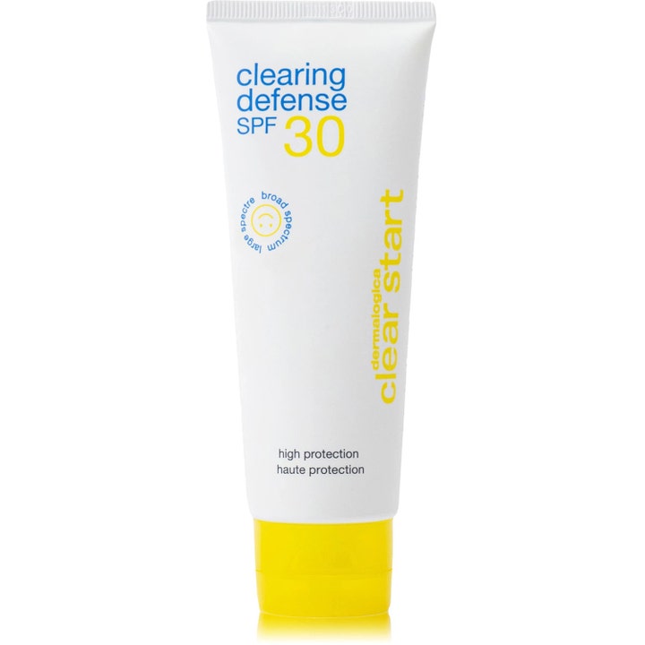 Dermalogica Clear Start Clearing Defense 59 ml aknebehandling SPF i en vit tub med gult lock och blå text.