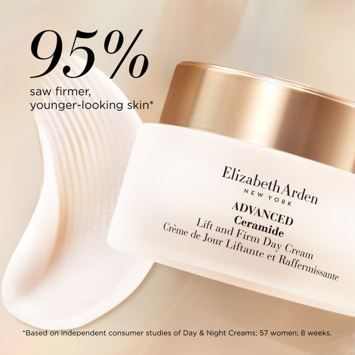 Elizabeth Arden Ceramide Lift & Firm Advanced Day Cream 50 ml uppstramande dagkräm med texten 95% saw firmer skin.